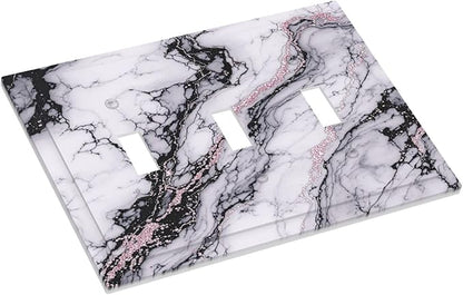 Decorative Switch Plates White Marble Pattern Black Lines Pink Lines 3 Gang Wall Plate Triple Toggle Light Switch Cover Faceplate Electrical Wall Panels for living Room Office Decor