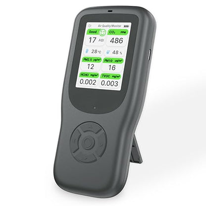 11-in-1 Air Quality Monitor - Portable Indoor Air Quality Detector with Stand, Real-Time Test for AQI, CO2, PM2.5, PM1.0, PM10, TVOC, HCHO, Particles, Temperature & Humidity with Aler (Black-White)