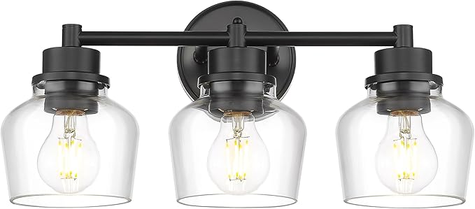 Emak 3-Light Bathroom Vanity Lights Over Mirror, Modern Bathroom Light Fixtures with Clear Glass Shade, Black Vanity Light for Bath, Makeup Desk, Mirror, VL122-BK-CG-3