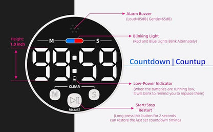 Large LED Digital Timer, Magnetic Countdown Loud Timer for Kitchen Cooking, Classroom Whiteboard, Kids, Toddler, Game, Productivity, Focus, Work, Task, Office, Meeting – Small, Simple, Visual, White
