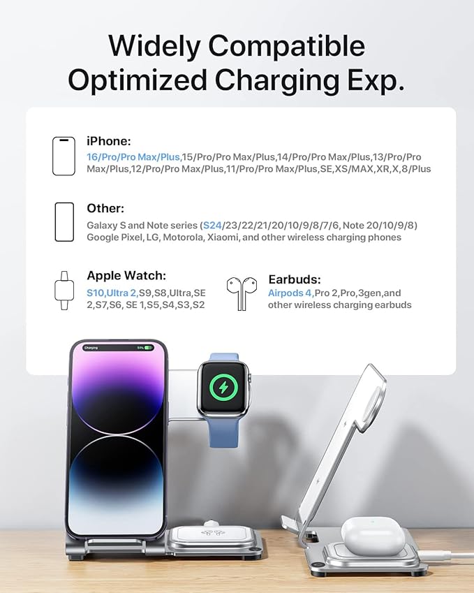 Intoval Metal Charging Station for iPhone 17/16/15/14/13/12/11/XS/XR/XS, 3 in 1 Wireless Charger for Apple Watch 11/Ultra 3/SE/10/9/8/7/6/5/4/3/2, for AirPods 4/Pro/Pro 2/3 (Y9,Silver)