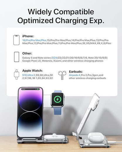 Intoval Metal Charging Station for iPhone 17/16/15/14/13/12/11/XS/XR/XS, 3 in 1 Wireless Charger for Apple Watch 11/Ultra 3/SE/10/9/8/7/6/5/4/3/2, for AirPods 4/Pro/Pro 2/3 (Y9,Silver)