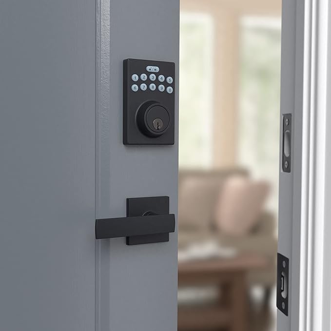 Amazon Basics Contemporary Electronic Keypad, Keyless Entry Door Lock Deadbolt with Handle Set, Key Pad Front Door with Knob, Contemporary Door Locks for Front Door, Door Handle, Matte Black, 1-Pack