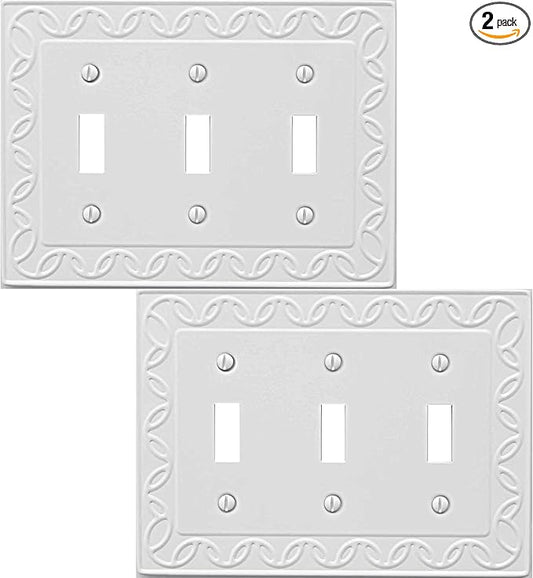 Triple Toggle Light Switch Cover NovaBloom Metal Wall Plate, 2-Pack White 3 Gang, Light Switch Cover Decorative Wallplate, Durable