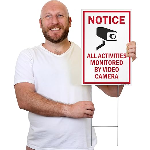 SmartSign 12" x 18" (2-Pack) All Activities Monitored By Video Camera Yard Sign with 15" Metal H-Stake, Double Sided Sign with Camera Symbol, 160 mil Thick Corrugated Plastic Lawn Signs, USA-Made