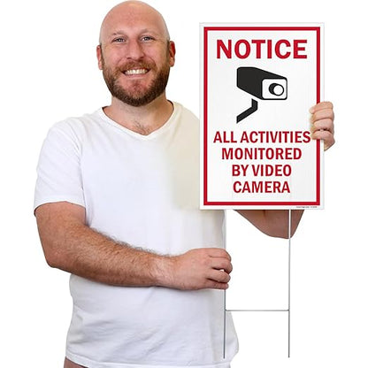 SmartSign 12" x 18" (2-Pack) All Activities Monitored By Video Camera Yard Sign with 15" Metal H-Stake, Double Sided Sign with Camera Symbol, 160 mil Thick Corrugated Plastic Lawn Signs, USA-Made