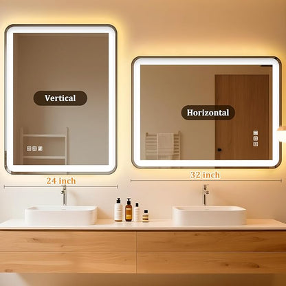 24"x32" LED Bathroom Mirror with Lights, Front and Backlit, Stepless Dimmable, Lighted Mirror for Bathroom Wall, 3 Colors Dimmable Vanity Mirror with Lights, Anti-Fog, Shatter-Proof Glass(Round)
