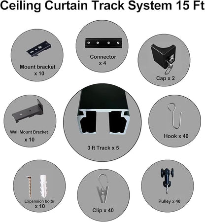 Ceiling Mount Curtains Track Room Divider Privacy Partition Separator Curtain Tracks Rods Heavy Duty RV Shower Outdoor Rail Clip Hook Set, Black 3-15ft