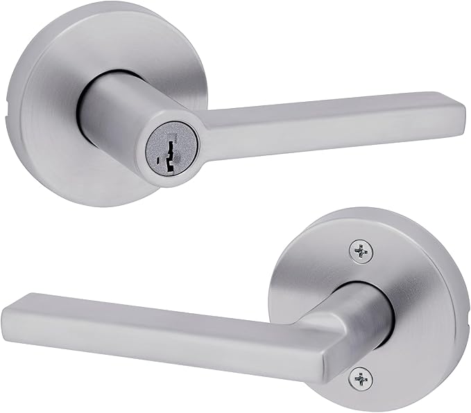 Kwikset Halifax Keyed Storeroom Entry Door Handle with Lock and Key, Secure Keyed Reversible Lever Exterior, for Front Entrance and Bedrooms, Satin Chrome, Pick Resistant Smartkey Rekey Security