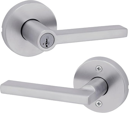 Kwikset Halifax Keyed Storeroom Entry Door Handle with Lock and Key, Secure Keyed Reversible Lever Exterior, for Front Entrance and Bedrooms, Satin Chrome, Pick Resistant Smartkey Rekey Security