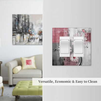 Decorative Outlet Covers Pink Floral Rustic Daisy Flower And Butterfly 2 Gang Double GFCI Rocker Electrical Wall Panels Light Switch Cover Plate for Farmhouse Cabin Decor