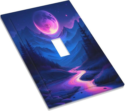 Purple Cyberpunk River Full Moon Mountain Forest Decorative Light Switch Cover 1 Gang Single Toggle Decorator Outlet Wall Plate Device Electrical Faceplate Switchplates for Bedroom Bathroom
