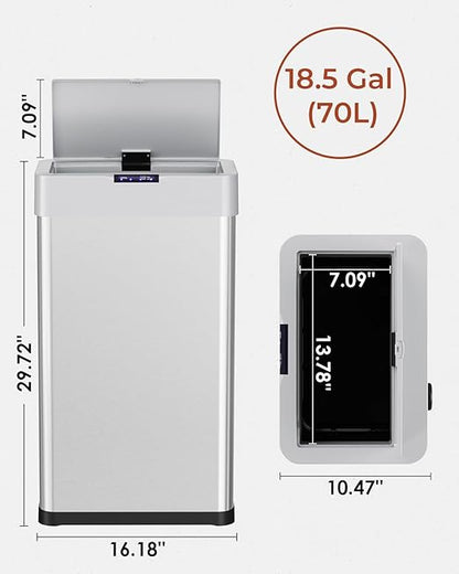 TLSUNNY 18.5 Gallon Motion Sensor Trash Can,Touchless Automatic Garbage Can,Brushed Stainless Steel Smart Bin,with Bag Holder,Soft Close Lid,for Kitchen,Office,RV,Bedroom,Living Room (Silver, 70L)