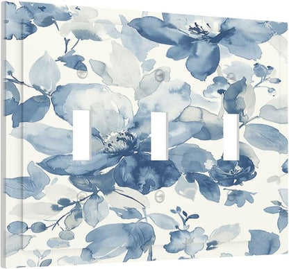 Decorative Switch Plates Blue Watercolor Floral 3 Gang Wall Plate Triple Toggle Light Switch Cover Faceplate Electrical Wall Panels for Bedroom Bathroom Decor