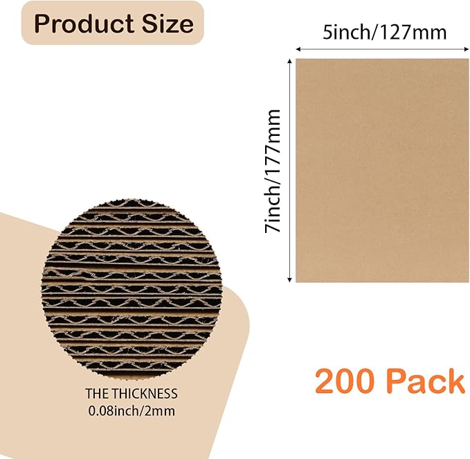 Calenzana 5x7 Corrugated Cardboard Sheets Set of 200, Flat Card Boards Inserts for Crafts, Packing, Shipping, Moving, Mailing
