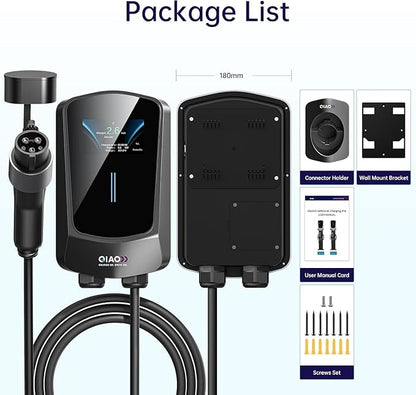 QIAO Level 2 EV Charger, Up to 48A Hardwired Electric Car Charger, Wi-Fi Bluetooth APP Enabled EVSE, 4.3in Display, 25ft Cable, Charge Station Compatible with All SAE J1772 EV Models (Black)