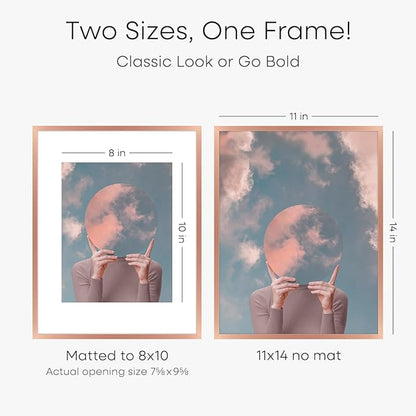 Homeforia 11x14 Picture Frame Rose Gold, High End Metal 11x14 Wall Hanging Frame with Mat 8x10, 11 x 14 Poster Frame Matted to 8 x 10 inch Photo, 11by14 Thin Frames, Tempered Glass, Wall Kit, Set of 2