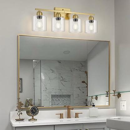 Modern Brushed Gold 4 Light Bathroom Light Fixtures, 24 inch Vanity Lights for Bathroom with Clear Glass, Bathroom Vanity Light for Mirror Kitchen Living Room Hallway Cabinet Porch