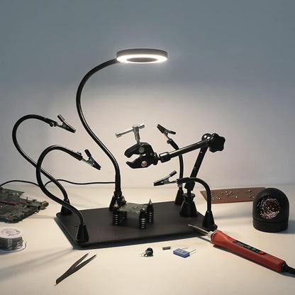 Helping Hands Soldering Circuit Board Holder Magnetic Third Hand Tools with 3X LED Magnifying Lamp, 360 Hot Air Gun Holder, Flexible Metal Arms Heavy Duty Base Electronic Repair Tool Magic Hand
