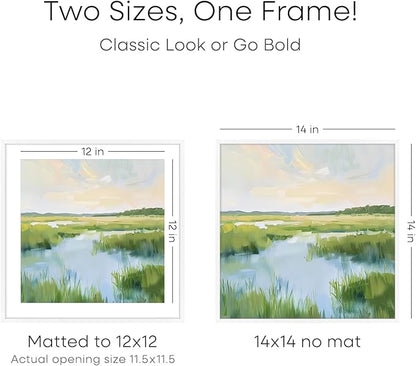 Homeforia 14x14 Picture Frame White, High End Metal 14 x 14 Square Poster Frames with Mat 12 x 12 Photo, 14x14 White Frame Matted to 12x12 Print, 14by14 Thin Frames, Tempered Glass, Wall Kit, Set of 1