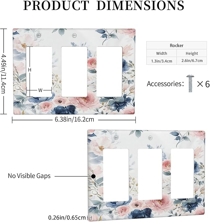 Elegant Watercolor Pink Blue Flowers Floral Triple Rocker Light Switch Covers 3 Gang Outlet Cover Wall Plates Decorative Switch Plates Electrical GFCI Faceplate Switchplate for Home 4.49 X 6.38 IN
