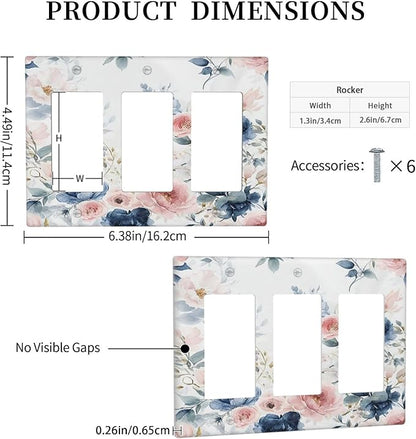Elegant Watercolor Pink Blue Flowers Floral Triple Rocker Light Switch Covers 3 Gang Outlet Cover Wall Plates Decorative Switch Plates Electrical GFCI Faceplate Switchplate for Home 4.49 X 6.38 IN