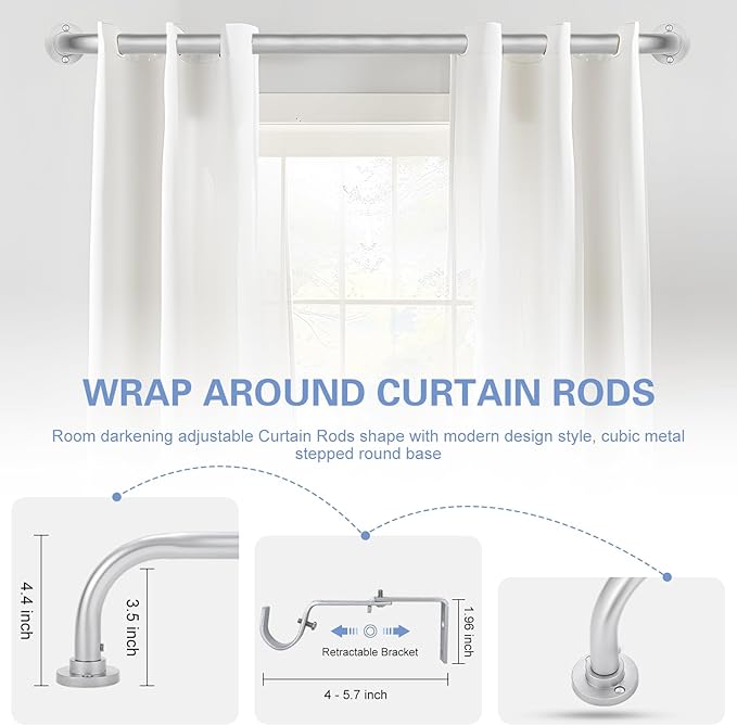 Silver Wrap Around Curtain Rods 48 to 90 Inch:Blackout Heavy duty Adjustable Window Curtain Rod for Bedroom,Industrial Darkening Curved French Metal Single Drapery Rods Easy Install,Nickel