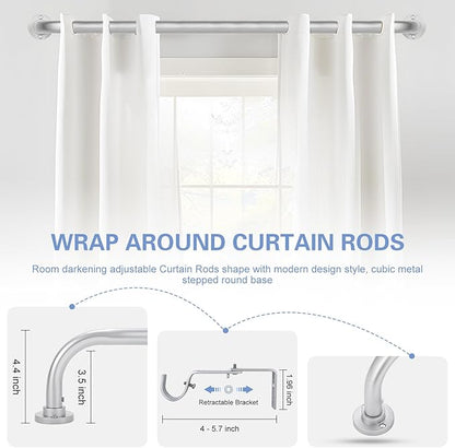 Silver Wrap Around Curtain Rods 48 to 90 Inch:Blackout Heavy duty Adjustable Window Curtain Rod for Bedroom,Industrial Darkening Curved French Metal Single Drapery Rods Easy Install,Nickel