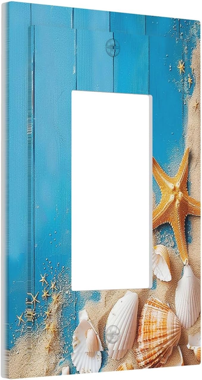 Decorative Outlet Covers Blue Wood Grain Beach Shell Starfish 1 Gang Single Rocker Light Switch Cover Plate Wall Plates GFCI Faceplate for Bathroom Farmhouse Decor