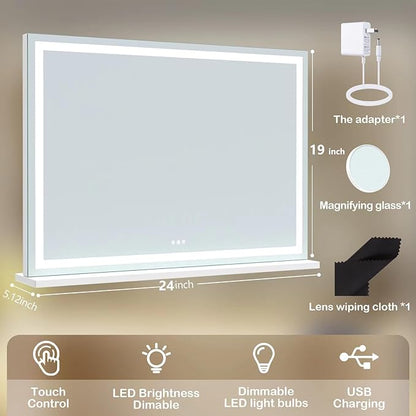 Makeup Vanity Mirror with USB Charging Port 24" x 19" Large LED Makeup Mirror, Desk Mirorr with Lights, Light up Mirror with 10X Magnification and, Dimmable 3 Modes, Touch Control Gold
