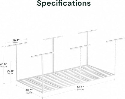 SunsGrove 4x8 Overhead Garage Storage Rack Organization, Adjustable Ceiling Mounted Storage Racks, 800LBS Weight Capacity, 22"-40" Ceiling Dropdown, White