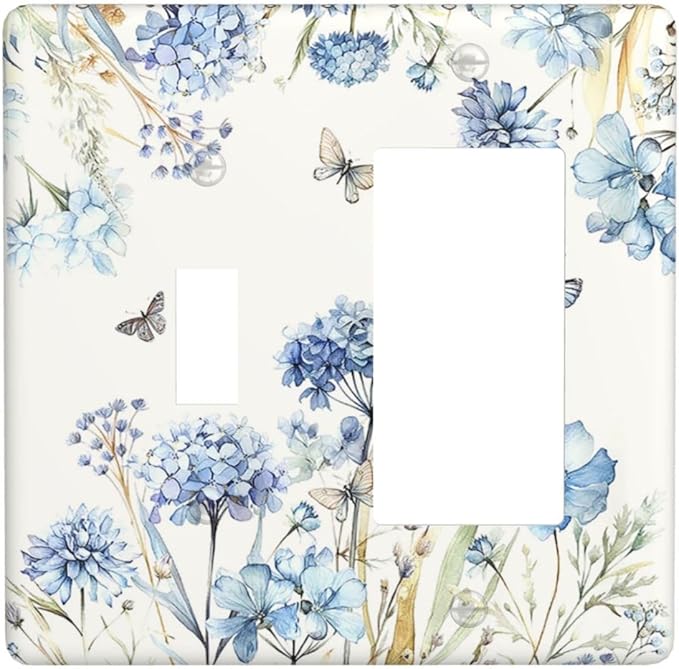 Outlet Covers Blue Floral Hydrangea Plants 1 Toggle 1 Rocker Combination Decorative Wall Plate Light Switch Cover Plate Electrical Switch Plates for Bedroom Home Decor