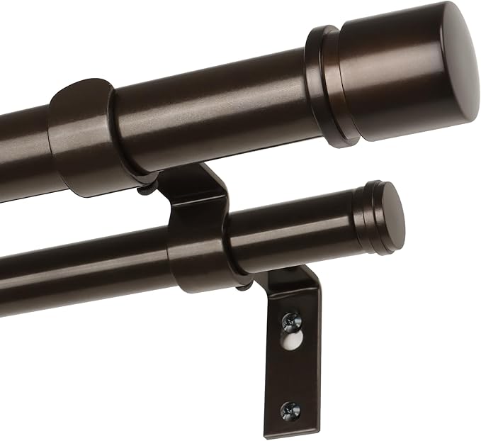 Double Curtain Rod 66 to 120 Inch, HOTOZON 1 Inch Heavy Duty Curtain Rods for Windows, Telescoping Double Drapery Rod with Simple Cap Finials, Bronze