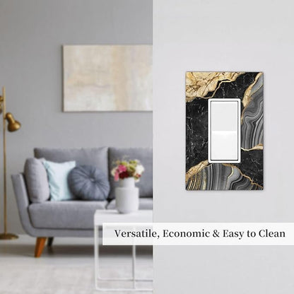 Decorative Outlet Covers Modern Abstract Black Gold Marble 1 Gang Rocker Light Switch Cover Plate Single Decora Light Switch Covers Wall Plate Faceplate for Kitchen Decor （2 Pack）