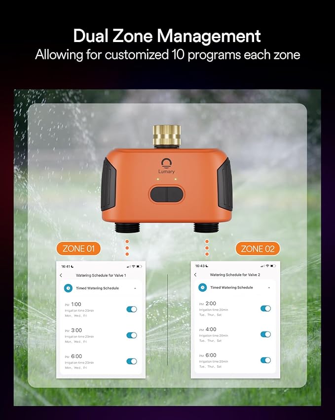 Lumary Smart WiFi Water Timer for Garden Hose, Sprinkler Timer 2 Zone for Watering Brass Inlet Outdoor, Rain Delay/Manual/Automatic Drip Irrigation System Programmable Faucet, Work with Alexa 2.4Ghz