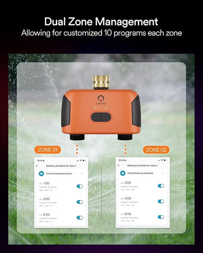 Lumary Smart WiFi Water Timer for Garden Hose, Sprinkler Timer 2 Zone for Watering Brass Inlet Outdoor, Rain Delay/Manual/Automatic Drip Irrigation System Programmable Faucet, Work with Alexa 2.4Ghz