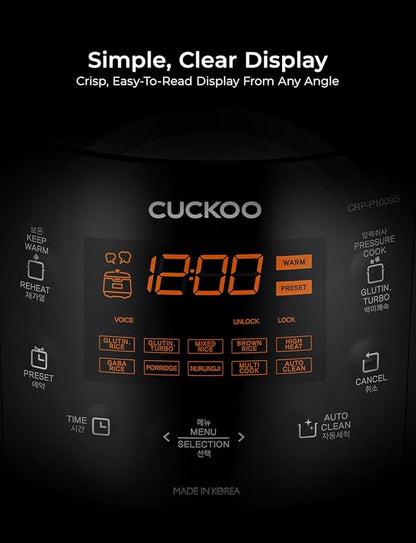 CUCKOO High Pressure Rice Cooker 10-Cup Uncooked / 20-Cup Cooked with Nonstick Inner Pot, Large Rice Maker with 13 Menu Options and Steam Plate, Fuzzy Logic Tech, Voice Guide, Black (CRP-P1009SB)