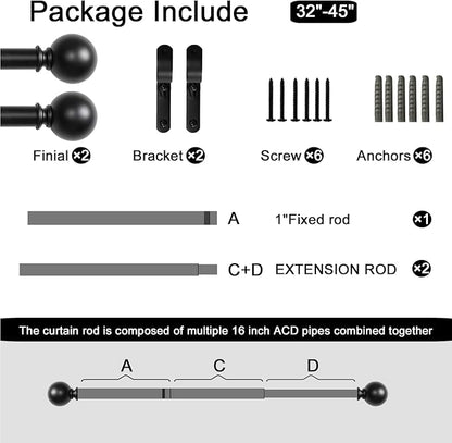 Black Curtain Rods for Windows 18 to 45 inches, 1 Inch Modern Metal Drapery Rods, Adjustable Heavy Duty Curtain Pole with Round Finials(18"-45"Black)