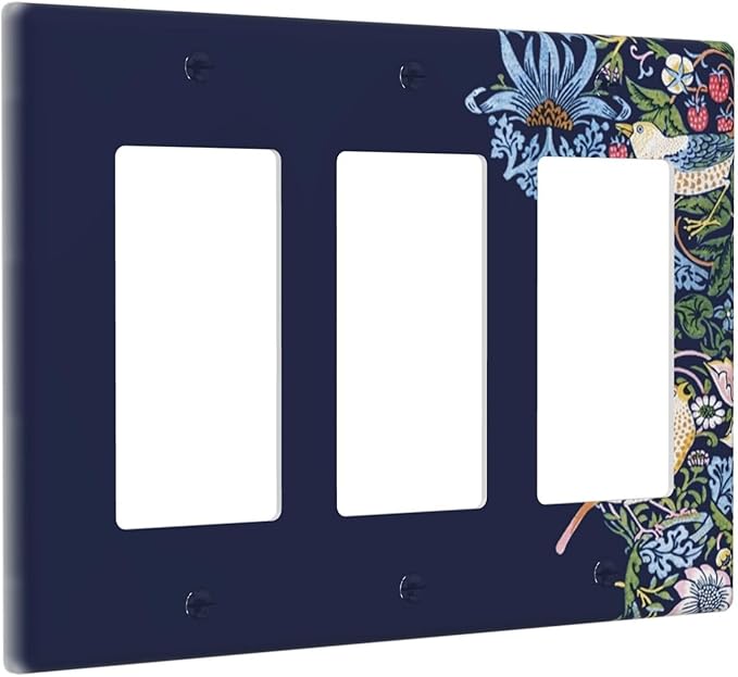 Decorative Outlet Covers Vintage Blue Morris Strawberry Thief Bird Flower 3 Gang Wall Plate Triple Rocker Light Switch Cover Plate Jumbo Electrical GFCI Faceplate