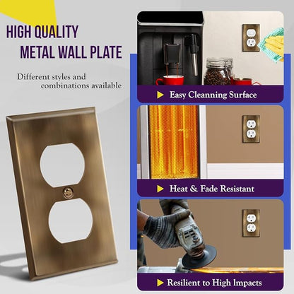 ENERLITES Duplex Receptacle Metal Wall Plate, Stainless Steel, Outlet Cover, Corrosion Resistant, Standard Size 1-Gang 4.50" x 2.76", Stainless Steel 201, 7721-AB, Antique Brass