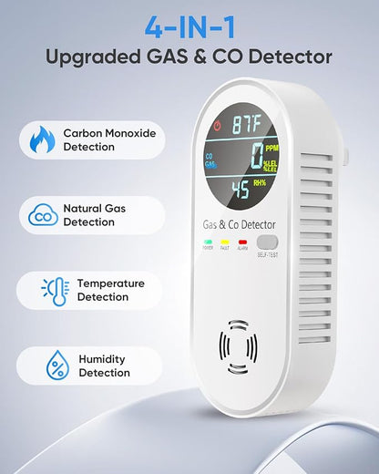 Carbon Monoxide Detectors & Natural Gas Detector, 4-in-1 Carbon Monoxide Detectors Plug in, Gas Leak Detector with Dual Alarms, Temperature & Humidity Sensor for Home, RV Essentials, White, 3 Packs