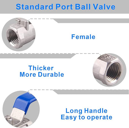 DERNORD Stainless Steel Ball Valve 1PC Type 0.25 Inch NPT Standard Port for Water, Oil, and Gas (Pack of 2)