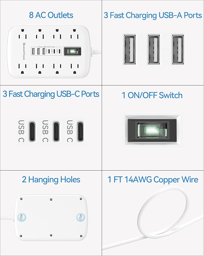 Short Extension Cord 1 ft - Small Power Strip Flat Outlet Extender Surge Protector with 8 AC Outlets 6 USB (5V/4.8A 24W), Mini Extension Cord Flat Wall Plug for Home Office Dorm Kitchen Bathroom