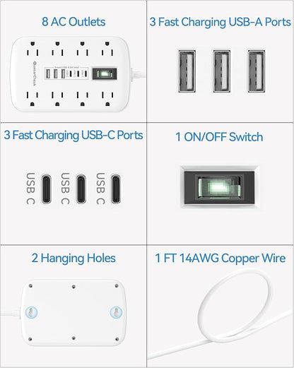 Short Extension Cord 1 ft - Small Power Strip Flat Outlet Extender Surge Protector with 8 AC Outlets 6 USB (5V/4.8A 24W), Mini Extension Cord Flat Wall Plug for Home Office Dorm Kitchen Bathroom