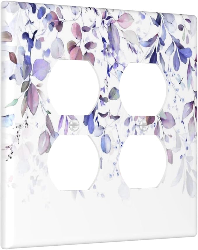 Purple Eucalyptus Watercolor Floral Rustic Leaf Outlet Covers 2 Gang Double Duplex Decorative Light Switch Covers Electrical Wallplates Socket Faceplate for Farmhouse Home Decor