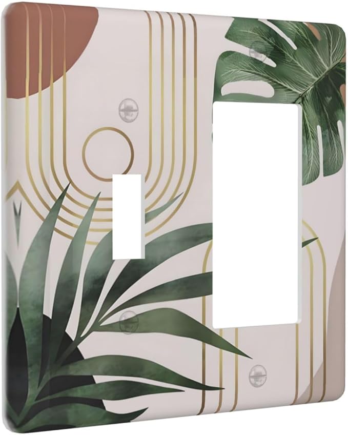 Decorative Outlet Covers Boho Mid Century Abstract Arch Green Leaves 2 Gang Wall Plate Single Toggle 1 Rocker Light Switch Cover Switch Plate Covers for Bedroom Home Decor