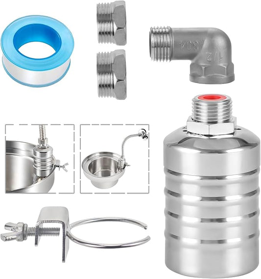 Float Valve, 1/2" to 3/4" 1" 304 Stainless Steel Fully Automatic Water Level Controller, Automatic Water Level Control Float Valve for Water Tank, Livestock Troughs, Pool, Distiller