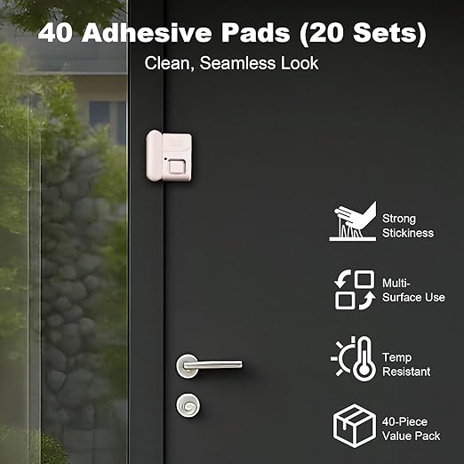 40-Pack Replacement Adhesive Strips for GE Window and Door Alarms – Includes 20 Sensor Pads and 20 Magnet Pads – Double-Sided Mounting Tape, Adhesive Only