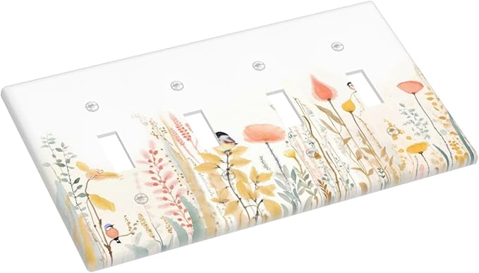 Light Switch Covers Colorful Floral Watercolour Cuddly Bird Quad Toggle Electrical Faceplate 4 Gang Wall Plate Decorative Switch Plates For Bed Room Living Room Decor