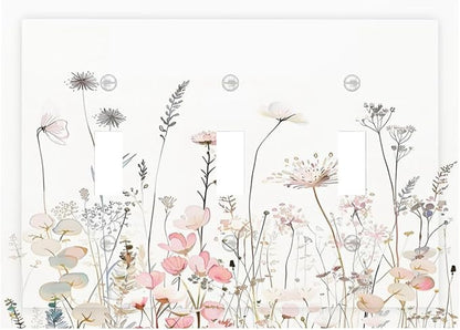Floral Watercolor Wildflower Dandelion Plant Decorative Switch Plates 3 Gang Wall Plate Triple Toggle Light Switch Cover Faceplate Electrical Wall Panels for Farmhouse Bed Room Decor
